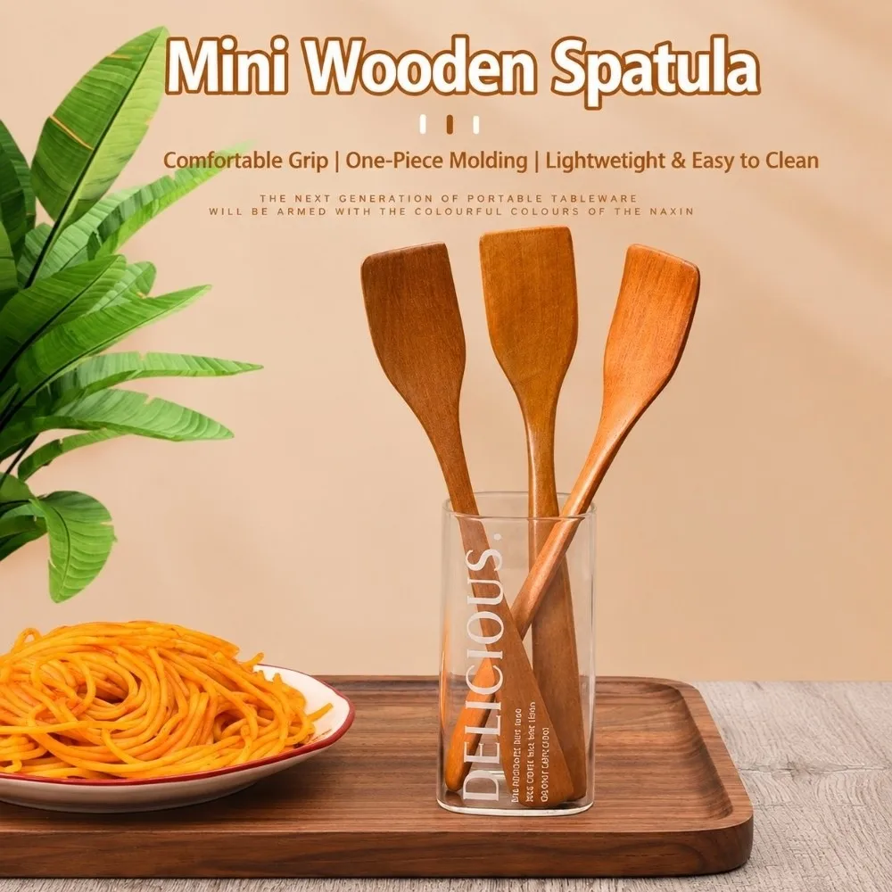 Portable Mini Wooden Spatula Long Handle Smooth Surface Cooking Shovel Solid Build Kitchen Cooking Tool Home Kitchen Use