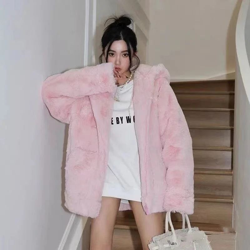 Female Winter Faux Beaver Rabbit Fur Hooded Cotton-padded Clothes Thickening for Warmth Fashion Loose Overcoat Fluffy Coat