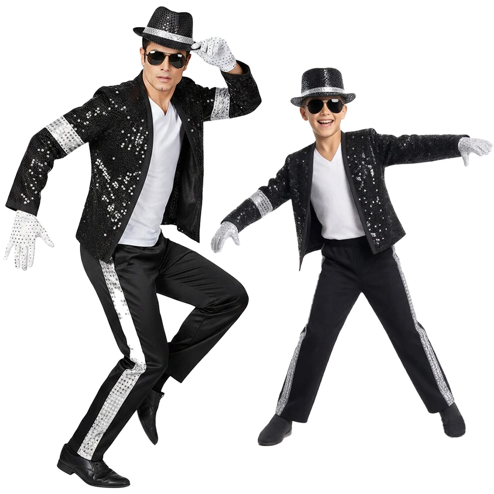 

Men's 80S Retro Disco Costume Set Full Dance Performance Sequin Outfit with Jacket Hat Gloves Sunglasses for Halloween Party