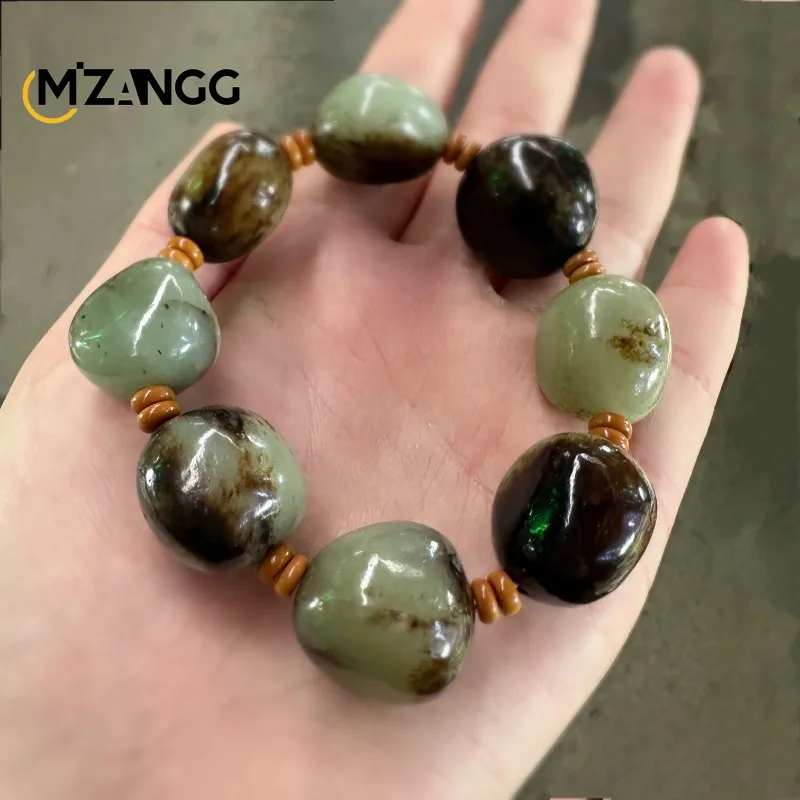 Natural Hetian Jade Original Stone Bracelet with Carved Black Leather Jade Beads String Men's and Women's Fashion Charm Jewelry