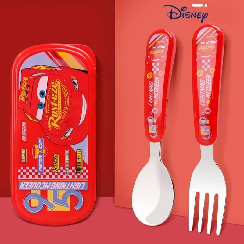 Disney Mickey 2 Piece Stainless Steel Cutlery Set Cute Kawaii Minnie Kids Fruit Fork Cartoon Print Lightning McQueen Spoon Set