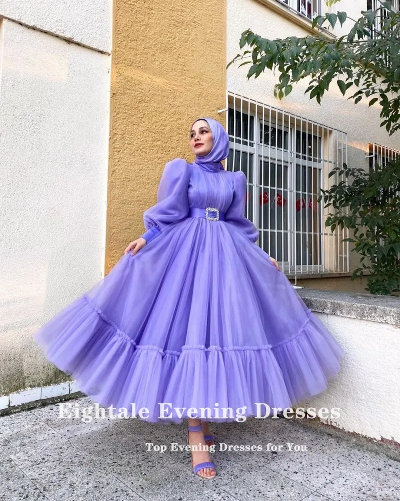 Eightale Lavender Prom Dress Long Sleeves Tulle Ruffled Short Evening Gown Ladies Dresses for Special Occasion Robe Femme Soirée