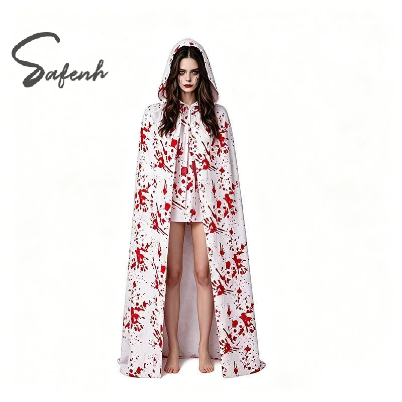 Halloween Cosplay Blood Splatter Hooded Cape Cloak Bloody Apron Tights Socks Scary Party Dress Up Costume Accessories For Adult