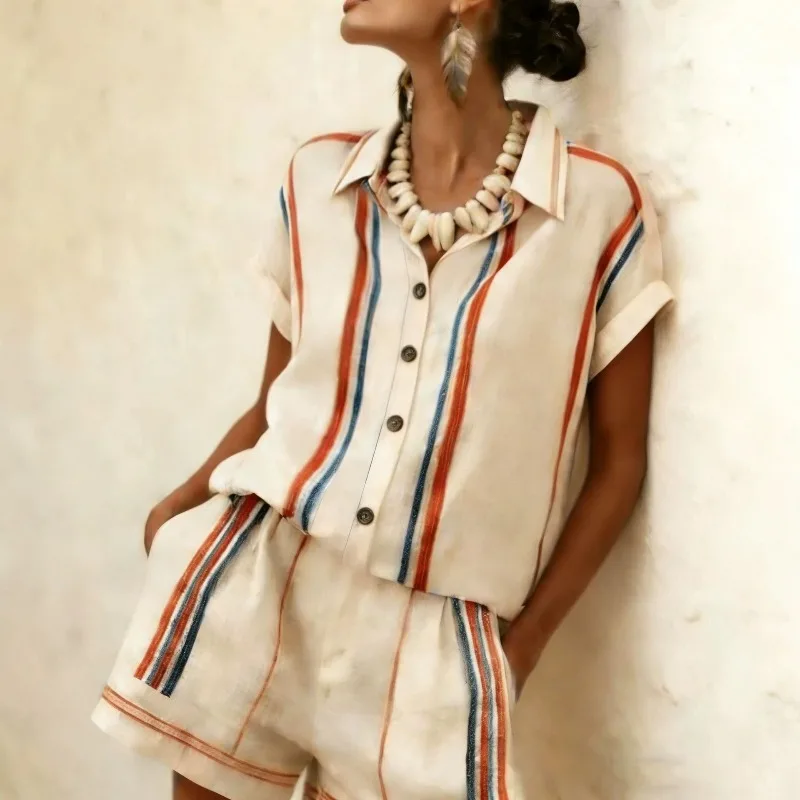 New Summer Women's Clothing Set Cross-border Trade Europe America Featuring Color-blocking Short-sleeved Lapel Shirts and Shorts