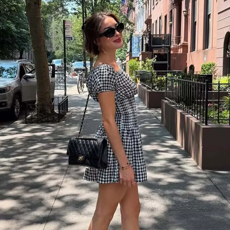 YENKYE Summer Women Black White Plaid Slim Fit Waist Dress Vintage Puff Sleeve O Neck A-line Mini Casual Dresses
