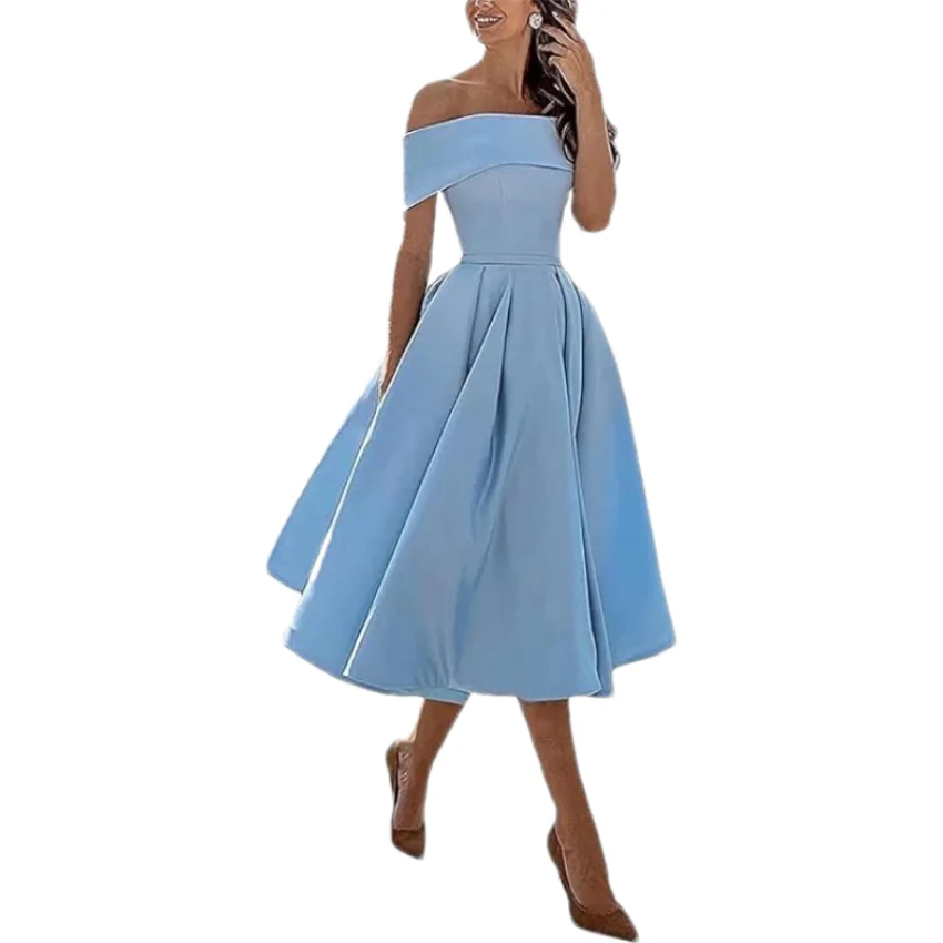 

Customized Simple Satin Strapless Short Prom Dress with Pockets Modest A-Line Off The Shoulder Tea Length Cocktail Dresses