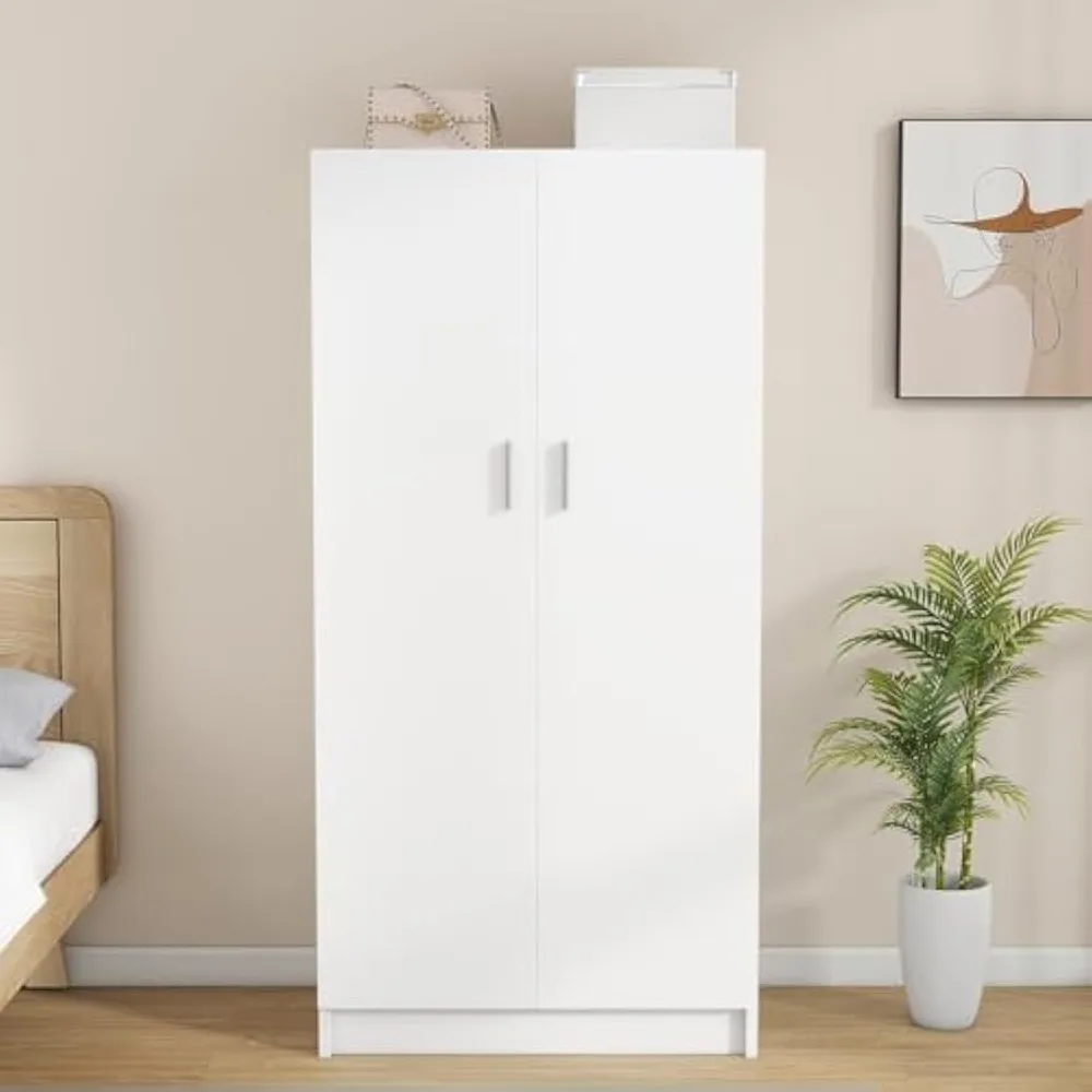

2 Door Wood Wardrobe Closet with Hanging Rail and 2 Shelves, Bedroom Armoire for Clothes Storage