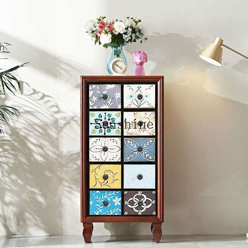 

American living room painted retro solid wood porch small cabinet old bedroom storage drawer cabinet