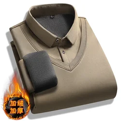 Men Fake Two Piece Pullover Knitted Sweater 2024 Winter Warm Top Thickened Velvet Fleece Lined Shirt Collar Sweater Men Clothes