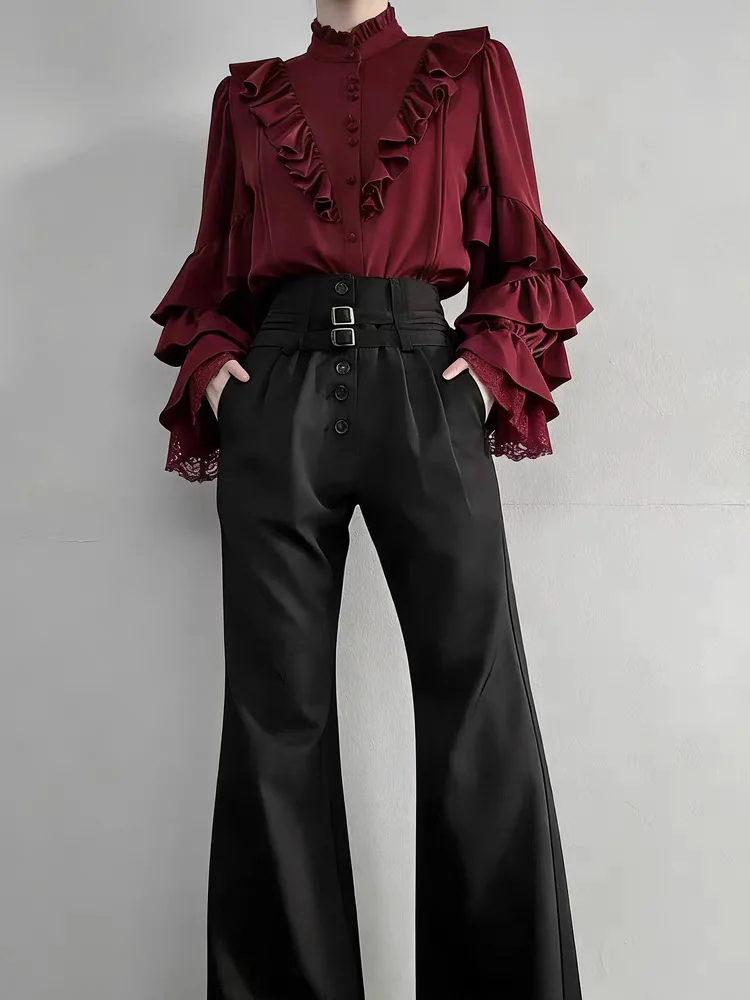 NONSAR Lolita Prince Ruffles Long-sleeved Shirt Gothic Style with Red Bat-sleeved Blouse Retro Medieval Bottoming Shirt