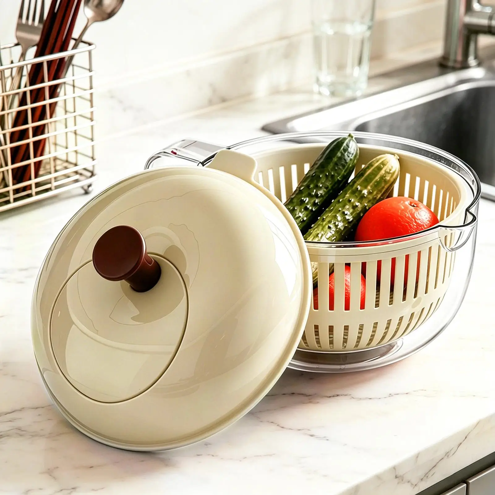 Apples Design Vegetable Washer , Double Layer Drain Basket, Manual Salad Spinner, Large Capacity Kitchen Organizer For Fruits view 3