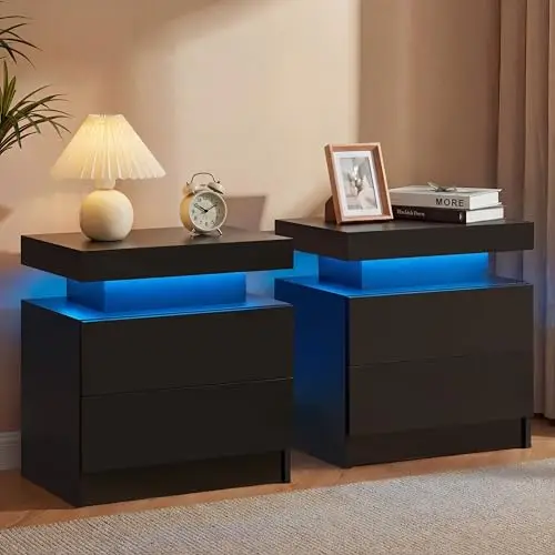 Black Modern LED Nightstand Set of 2 with 2 Wood Drawer for Bedroom | Nightstands with App-Controlled RGB LED Lights