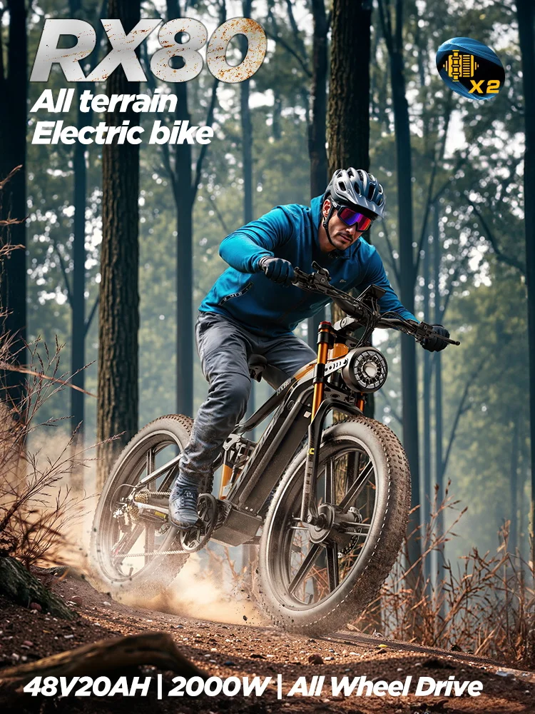 OTIDA RX80 Dual Motor 2*95Nm Elektrofahrrad 26" Fat Tire E-Bike 48V 20Ah Herausnehmbarer Akku 7-Gang Hydraulische Bremsen Mountain E-Bike für Erwachsene