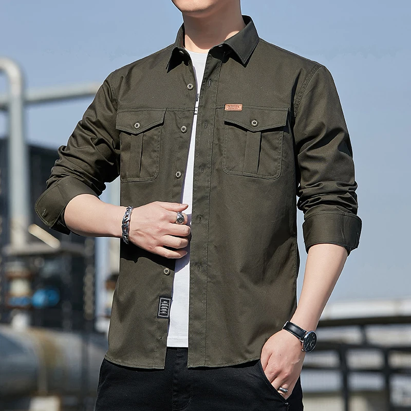 

New 100% Cotton Men's Cargo Shirt Long Sleeve 2 Pocket Shirts Outdoor Casual Blouses Tops High Quality Clothing Overshirt