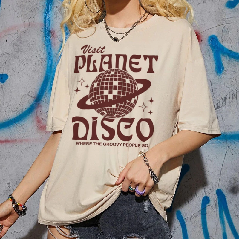 Planet Disco Oversized Vintage Aesthetic Party T-Shirts 70s Fashion Retro Graphic Tees Women Hippie Boho Groovy T Shirt Clothing