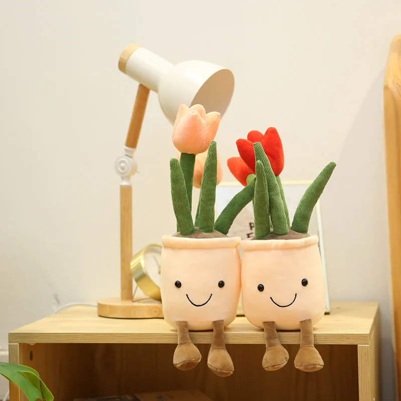 Simulazione Vaso di fiori Peluche Farcito Morbido Tulipano Fungo succulente Harebell Rosa Annouro Pianta con gambe Decorazione viso sorridente