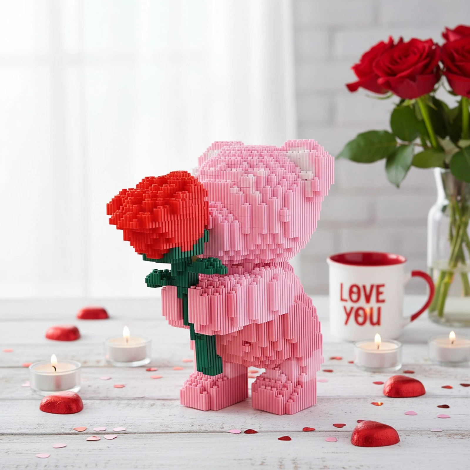 

Набор для сборки 3D-модели «Медведь с розами» из микро-блоков, развивающая игрушка-головоломка для детей и взрослых, подарок на День святого Валентина для пар, декор для дома