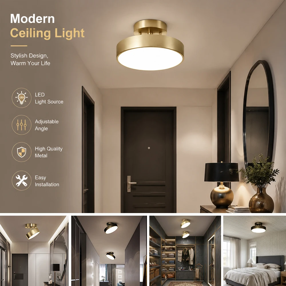 Moderne LED-Deckenleuchten mit verstellbarem Winkel, kupferfarben, für Wohnzimmer, Schlafzimmer, Arbeitszimmer, Flur, Garderobe, Heimbeleuchtung