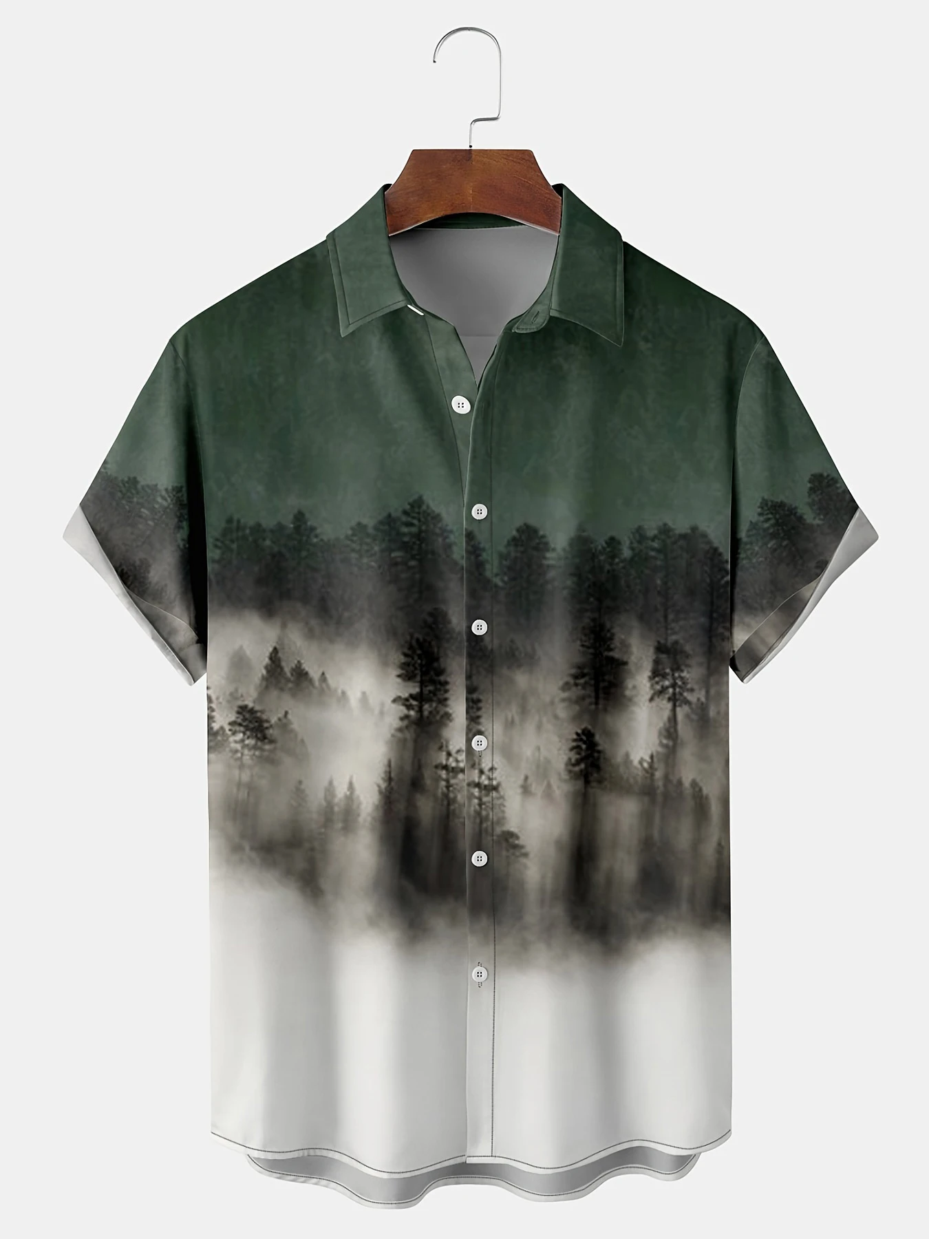 قميص رجالي هاواي بطباعة متدرجة من Midnight Forest كاجوال فضفاض لقضاء عطلة الشاطئ وأكمام قصيرة وخفيف الوزن من البوليستر بأزرار سفلية