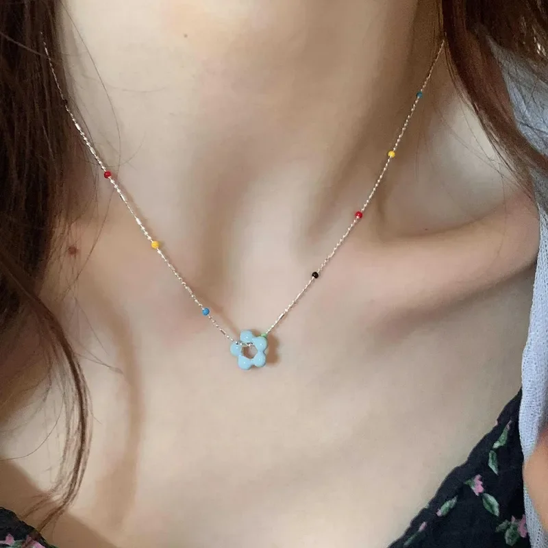 Sterling Silver Necklace With Simple Geometric Multicolour Beads Choker Shiny Delicate Collarbone Chain For Women's