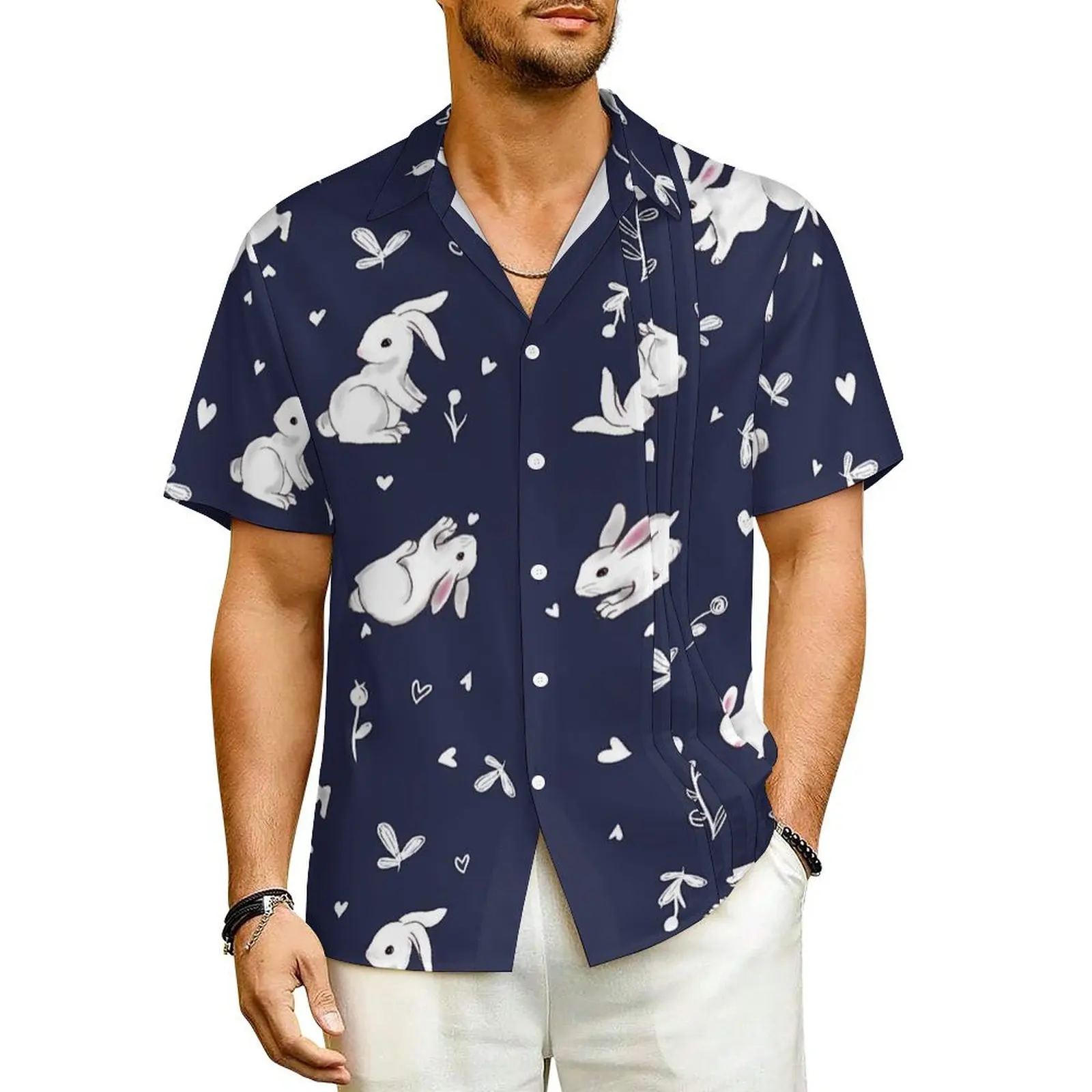 

White Rabbit Vacation Shirt Men Kawaii Bunny Elegant Casual Shirts Summer Short Sleeves Comfortable Design Plus Size Blouses