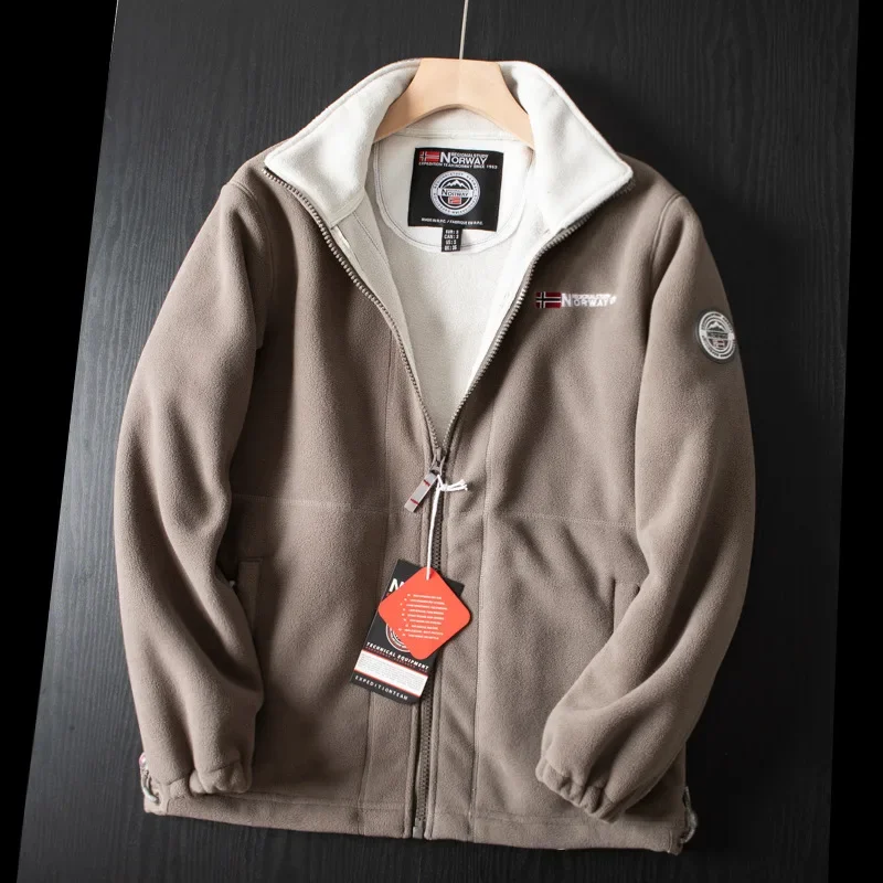 Winter Men Coat Thickened Fleece Stand Collar Men Polar Jacket Cold-proof Zipper Pocket Long Sleeve Loose Male Outerwear