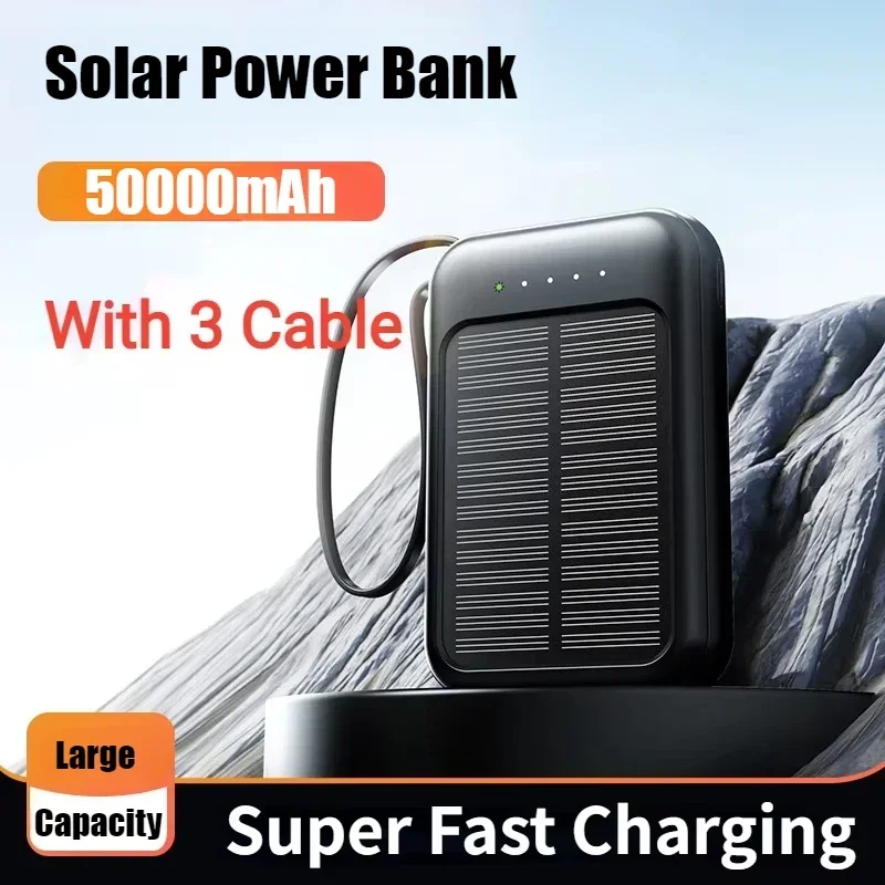 

PD 65W Solar Power Bank with Built-in Cable Fast Charging 50000mAh Battery Charger Cases for iPhone Samsung Huawei Xiaomi Type-C