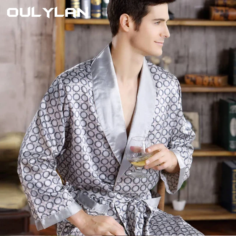 

Men Imitation Silk long-sleeved Bathrobe Big Size Home Bath Gown Male Printed Geometric Robes V-neck Satin Sleepwear Nightgown