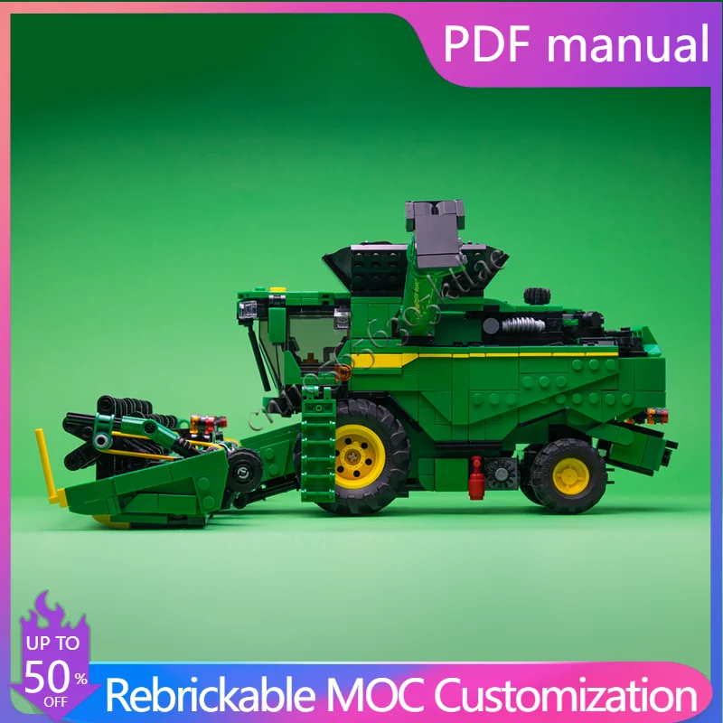 

1980 PCS Moc Hot Selling Customized Green Crop Harvester Trailer Model Technology Building Blocks Creative Children Toys Gifts