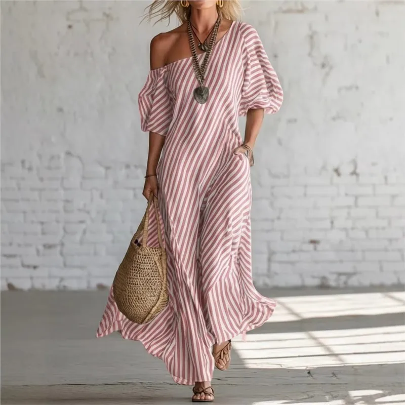 

Летние элегантные макси-платья с полосатым принтом и открытыми плечами, новая модная свободная женская модель с карманами, повседневное платье для отпуска и вечеринок
