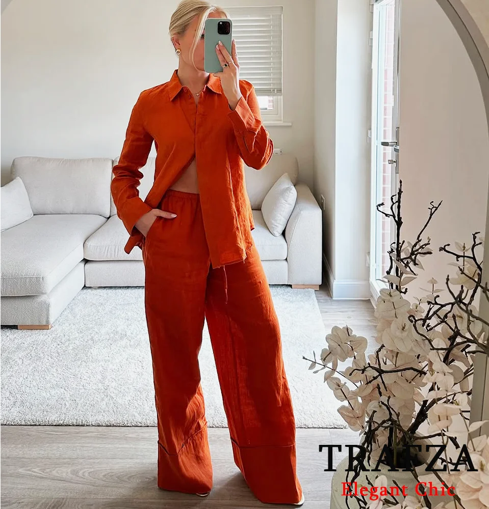

TRAFZA Women Elegant Orange Black Shirt Or Elastic Waist Pants Set New 2025 Spring Fall Loose Comfortable Commuter Homeswear Set