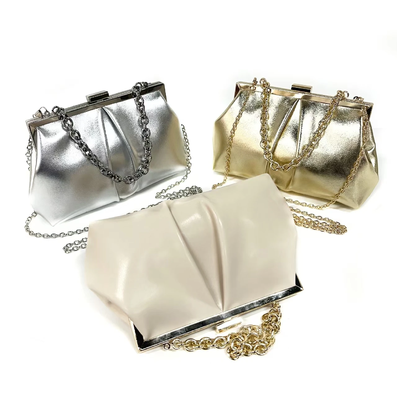 2024 New Elegant Ruffle Gold/Silver/Beige Metallic Leather Clutch Purse Wedding Bag For Women