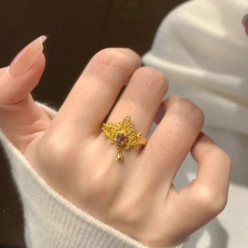 خاتم بطانة من الذهب الفرنسي القديم للنساء، خاتم مفتوح مرصع على الموضة وخفيف الوزن على طراز المحكمة #3