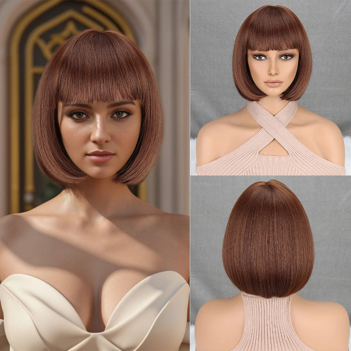

12 Inch /30 cm Fashion Lady Short Straight Synthetic Flat Bangs Bob Wig (Brown)