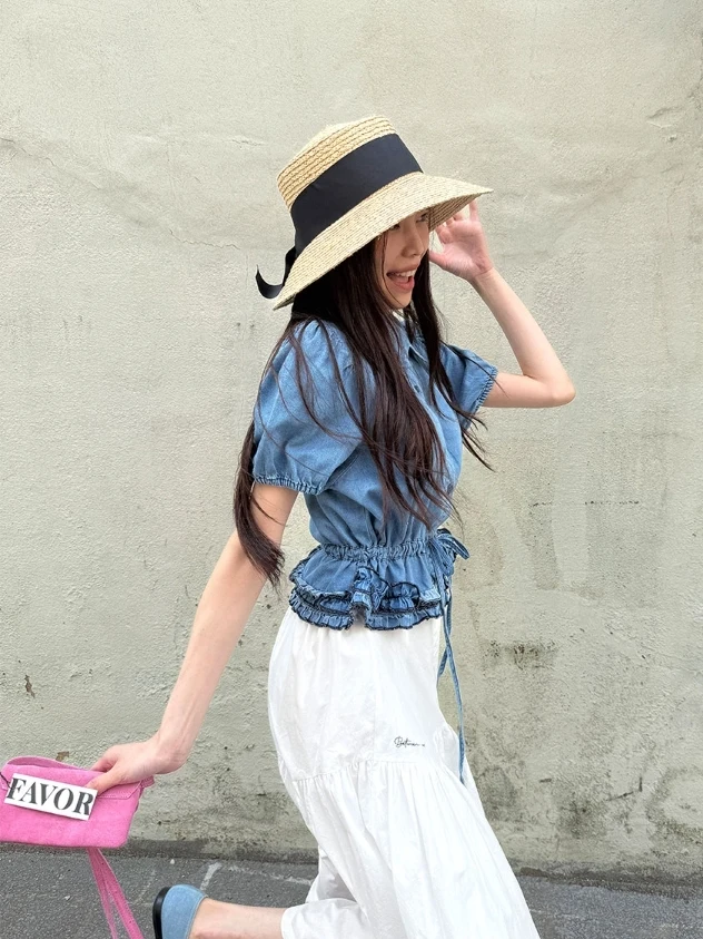Women's Denim irt Bubble Sve  Collar Dstring Waist Slimming Sweet Wood  Baby Doll Top Cotton ort Sve