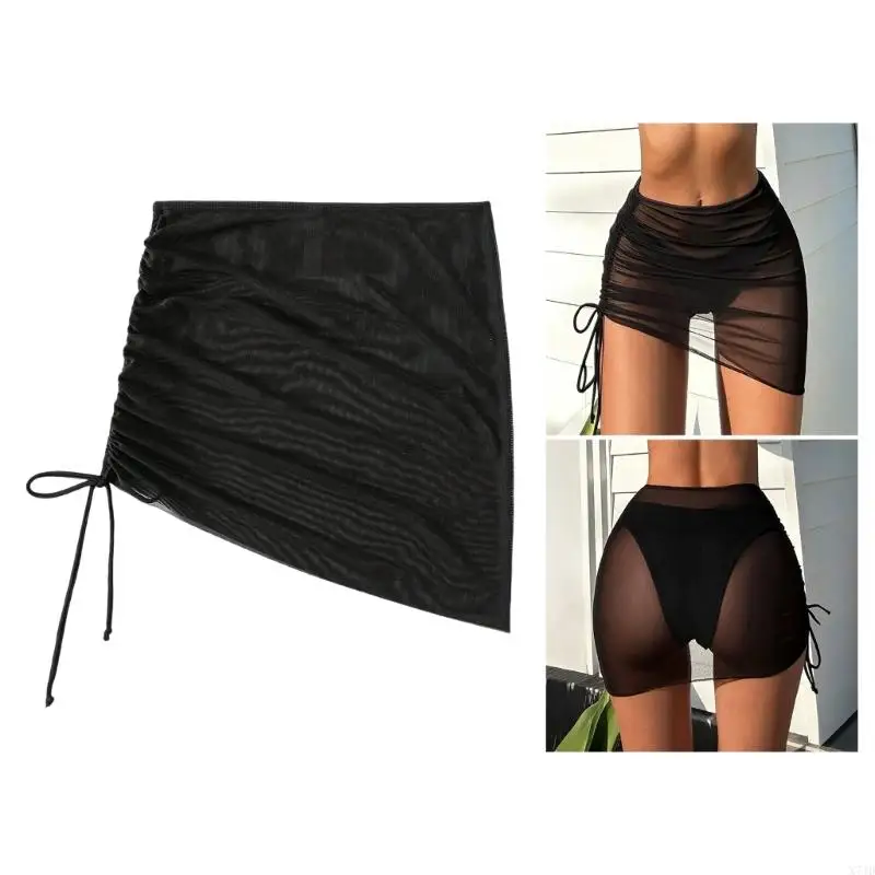 

X7JD Women Short Sheer Beach Skirt Ruched Sheer Beach Coverup Skirt Side Drawstring Beach Dress Sheer Swimsuit Coverup Skirt