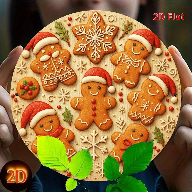 2D Flat, Fun Circular Festive Metal Sign, Gingerbread Christmas Figurine, 7.8X7.8 Inches, Perfect for Front Door And Garden Deco