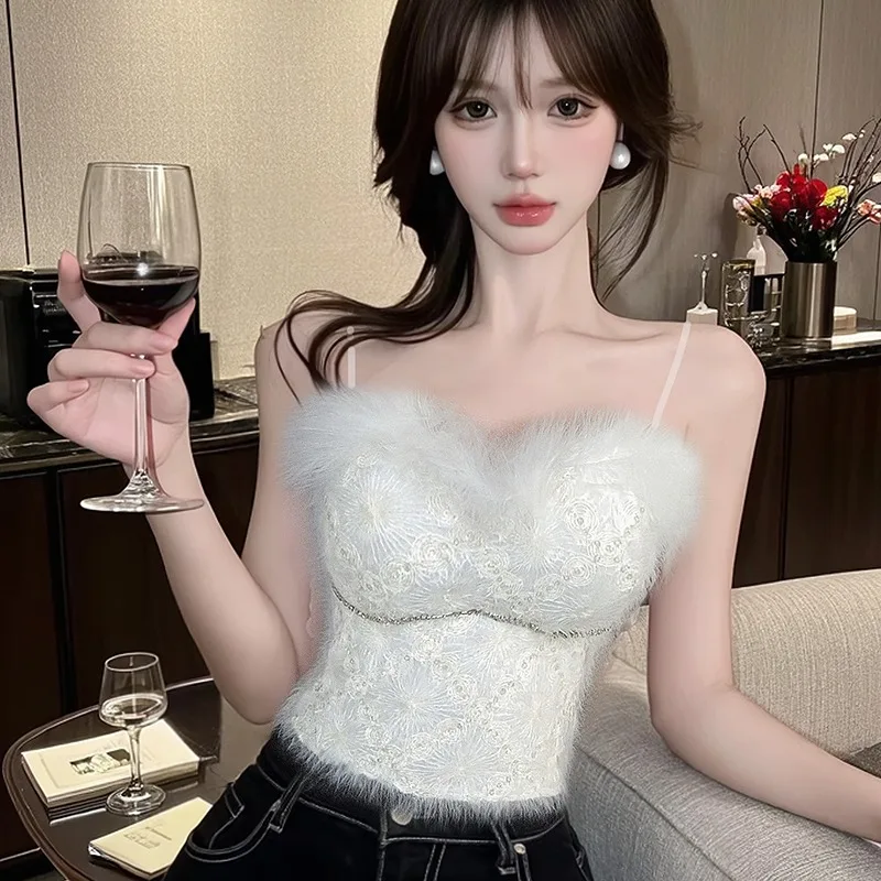 Feather Embedded Diamond Strap Vest Women's Faion Inner Wear Pure Desire Bustier Top Heavy Work Embroidery