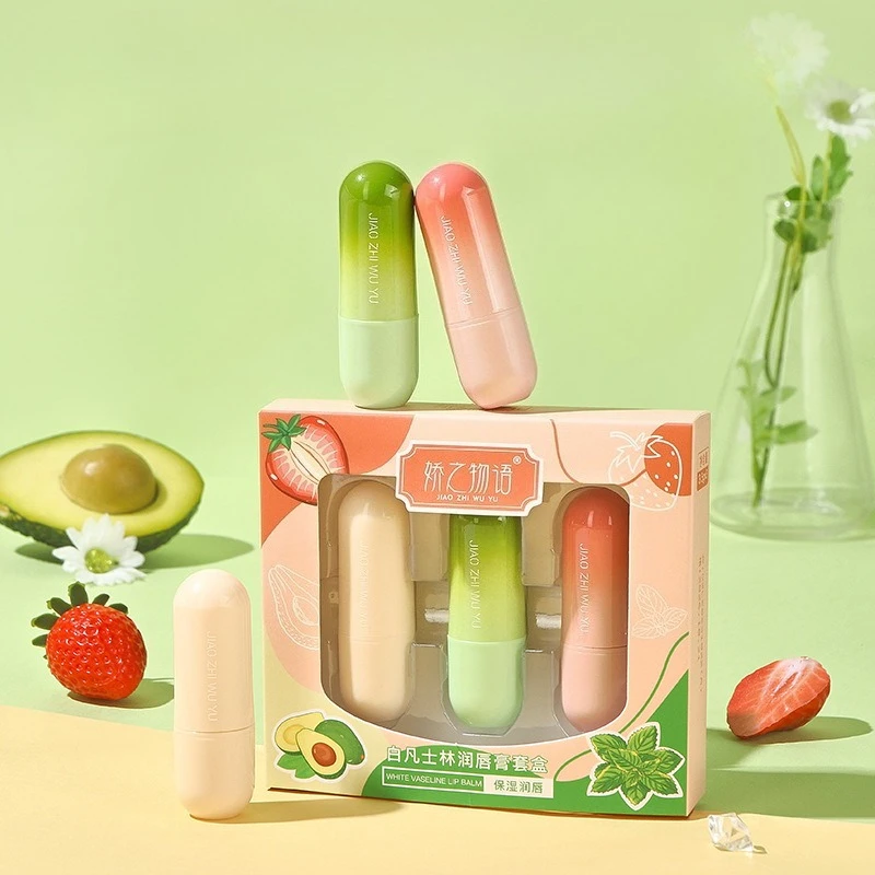 3 ピース/箱フルーツシリーズリップクリームセット保湿さわやか非粘着性ひび割れ防止唇マスクワセリン唇メイクアップギフト新しい