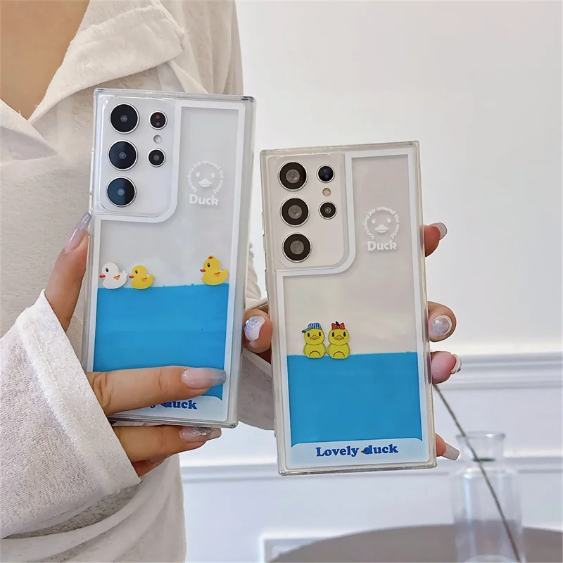 Floating Duck Liquid Case for Samsung S23 S24 Ultra Plus + Shell Moving Decor Blue Water Hard Phone Cover Funda Clear Coque Capa