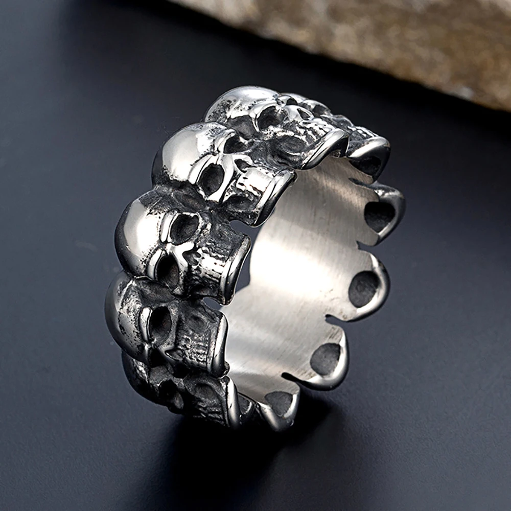 316 Stainless Steel Full-Wrap Skull Ring 7mm/12mm Wide Heavy Retro Gothic Punk Band 3D Carved Skeleton Biker Jewelry for Men