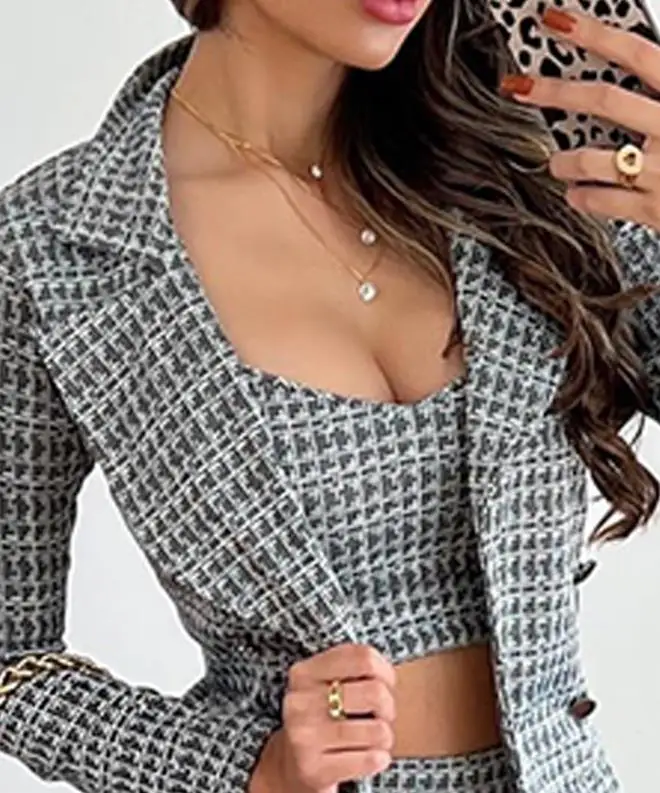 Houndstooth Printed Open Navel Top and Pants Set with Notched Collar Jacket 2023 New Fashion Hot Selling Women's Clothing