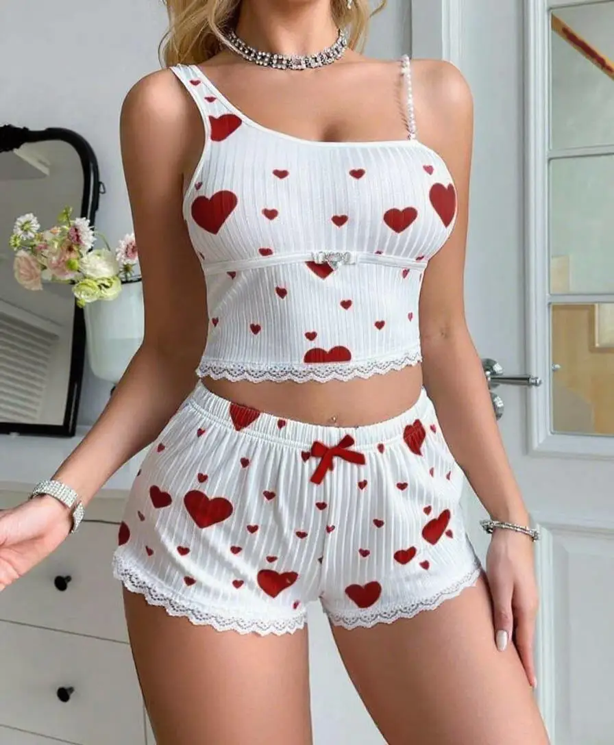 Heart Print Sleepwear Set European And American Breathable Sleepwear Set Cami Pajama Set Pearl Strap For Daily Relaxation Quick