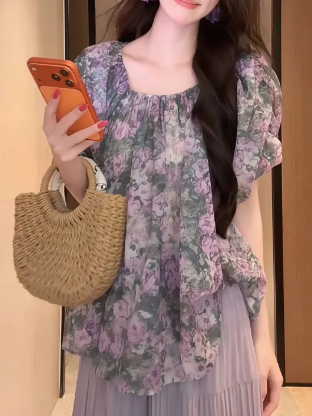 

plus Size Floral Print Shirt Women's Summer New Dyeing Oil Painting Beautiful Absolutely Breathable Comfortable Korean Style ...