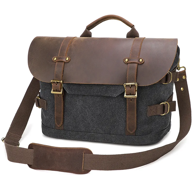 Men's and women's casual canvas crazy horse leather spliced large-capacity waterproof travel single-shoulder crossbody bag