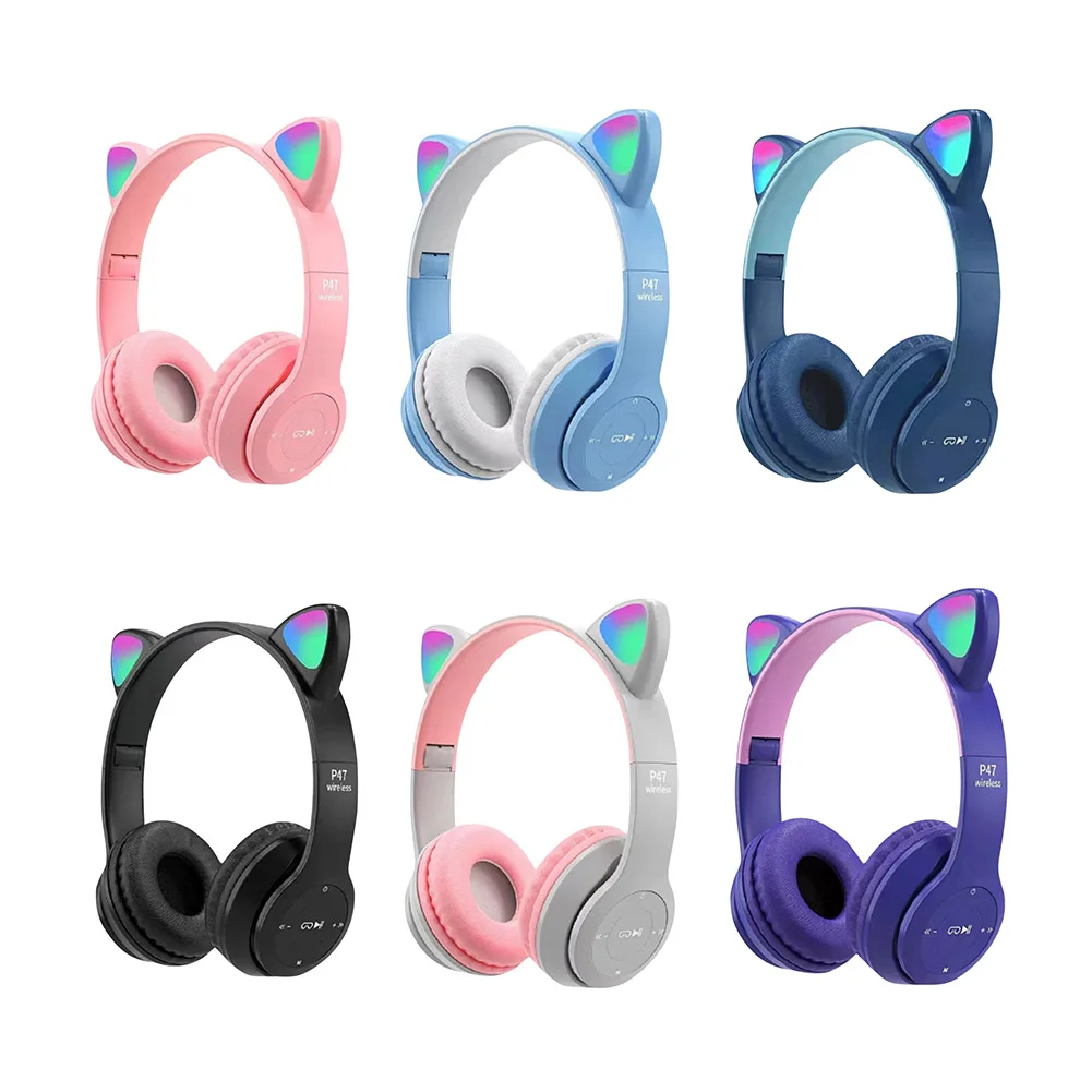 Cute Cat Ear Headphones with RGB LED Light Wireless Headset Kids Girls Stereo Phone Music Bluetooth Headset PC Gamer Gift 