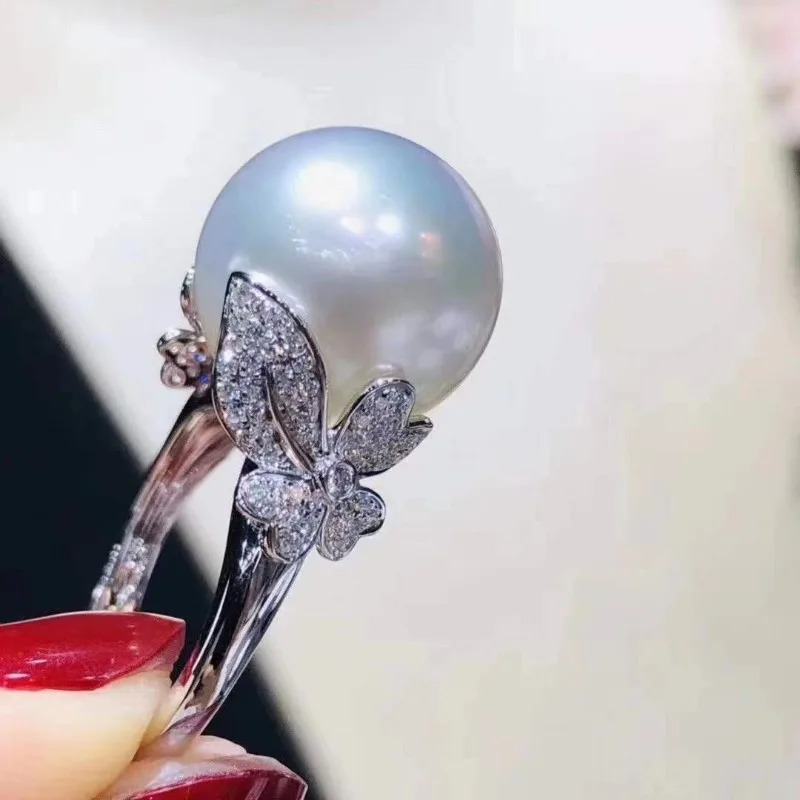 New Huge AAAA 13-12mm Genuine Natural South Sea White Stud Pearl Rings for Women 925 Silver