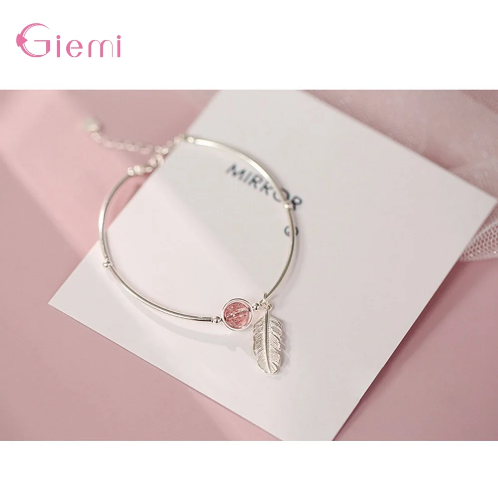 Delicate 925 Sterling Silver Strawberry Quartz Feather Adjustable Bracelet For Women Girl Anniversary Party Fashion Jewelry Gift