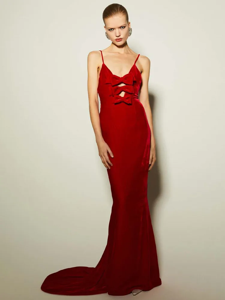 Fashion Women Sexy Sleeveless Key Hole Red Velvet Bow Tie Maxi Long Bodycon Dress 2024 Elegant Evening Club Party Dress