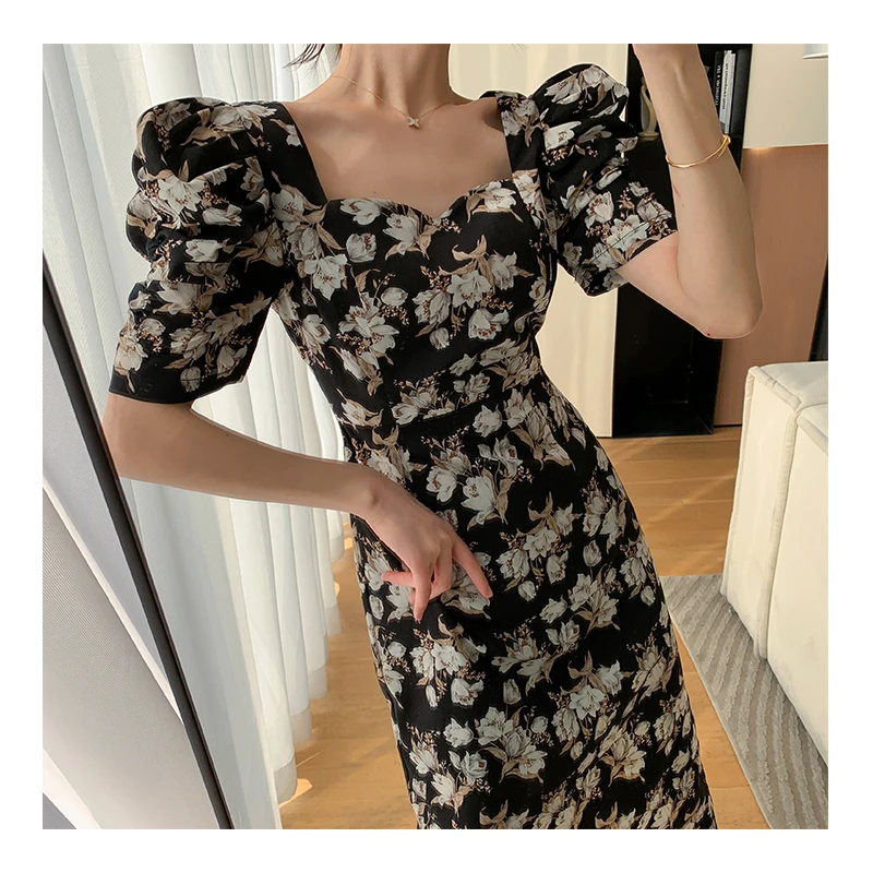 

Floral Elegant Dress Female 2022 Summer Square Neck French Retro Waist Puff Sleeves High Quality Temperament Long Skirt